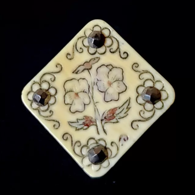 Incised Celluloid Square Antique Button with Pansies and Cut Steels Small