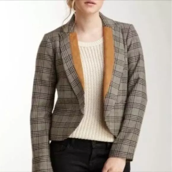 Willow & Clay Wool Blend Gray Plaid Blazer Jacket with Suede Camel Trim M