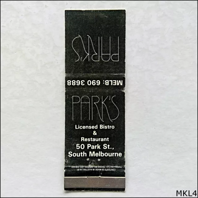 Park's Bistro Restaurant South Melbourne Matchbook Label (MKL4)