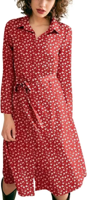 Womens Long Sleeve Floral Tie Front Button Up Midi Shirt Dress (Red,Size:XL)