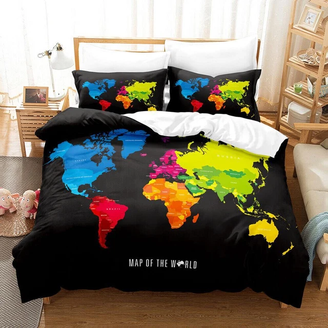 COLORFUL WORLD MAP Black Quilt Duvet Cover Set Bedclothes Children King ...