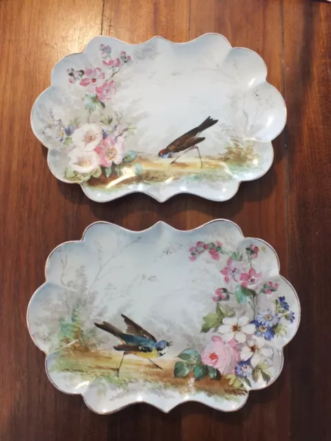 + Paire de petits plats en porcelaine peinte oiseaux et fleurs 19è Paris Limoges