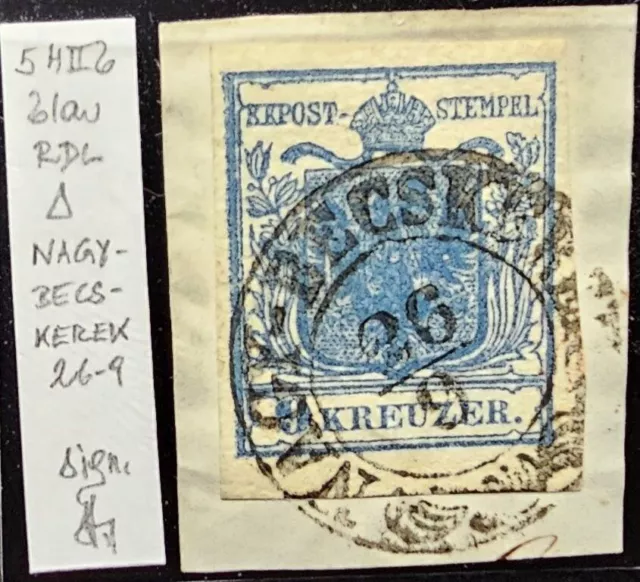 Österreich 1850 / 9 Kr, HP, blau, Type II.b/ ( NAGYBECSKEREK ) Briefstück, Sig.