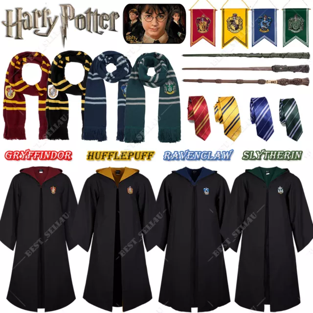 UK Harry Potter Costume Gryffindor Slytherin Robe Cloak Tie LED Wand Scarf Xmas