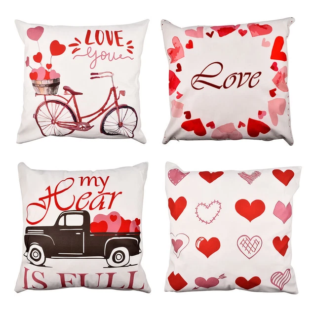 Set di 4 - Copricuscino a tema amore taglia 40 cm - bianco e rosso rosa