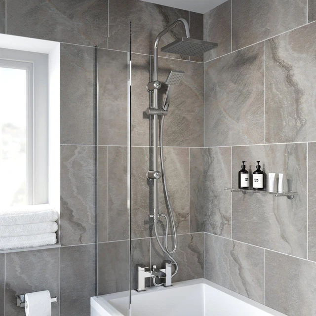 Bathroom Square Shower Mixer Waterfall Tap Kit Riser Rail Hose Chrome Twin Heads