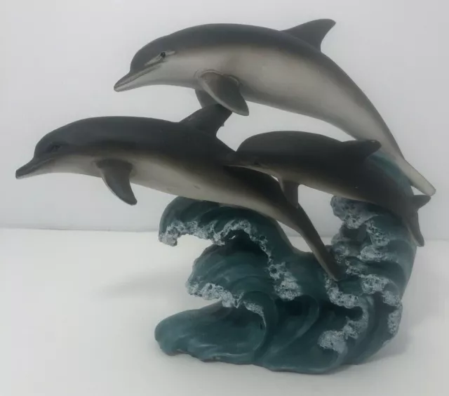 DOLPHIN Trio Waves Ocean Resin Figurine Statue, 6” x 8” EUC 