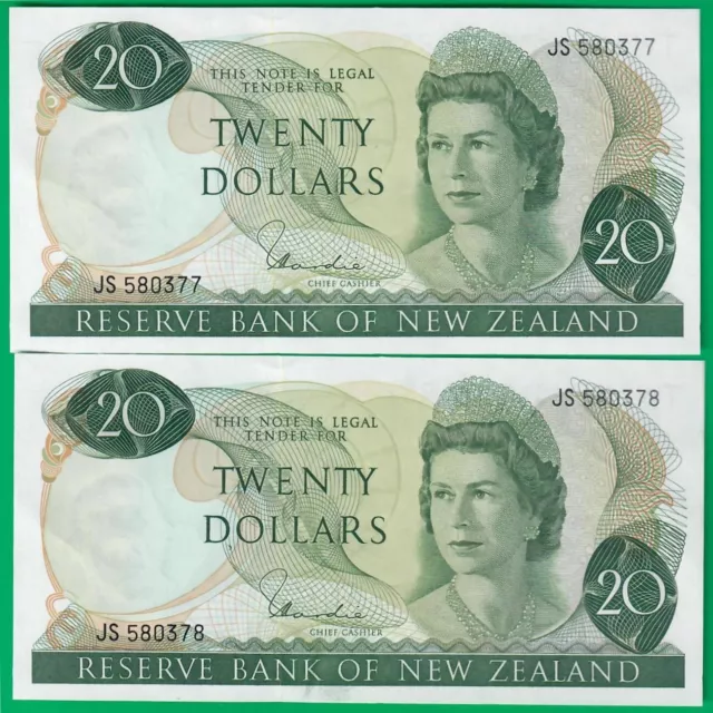 New Zealand 2 x 20 dollars ND(1981), Hardie consecutives, P167d, AU+!