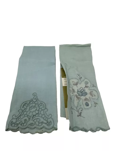 Set of 2 Vintage MADEIRA Embroidered Blue Guest TOWEL Linen Portugal New NOS