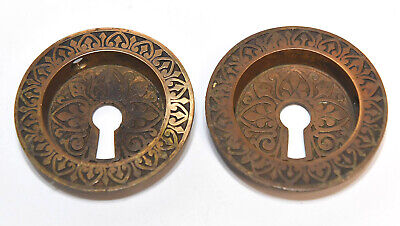 2 Eastlake Brass Vintage Key Hole Escutcheon Pocket Door Pulls Inserts Handles
