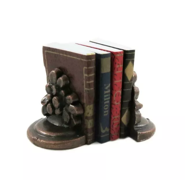 Dolls House Books & Bronze Flower Bookends Office Study Bookshelf Accessory