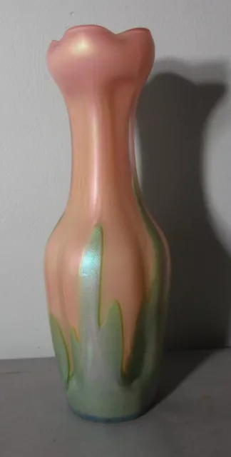 Rare 14" KRALIK GLATT Silberiris Bi-Color Art Nouveau Glass Pink Vase, c. 1910