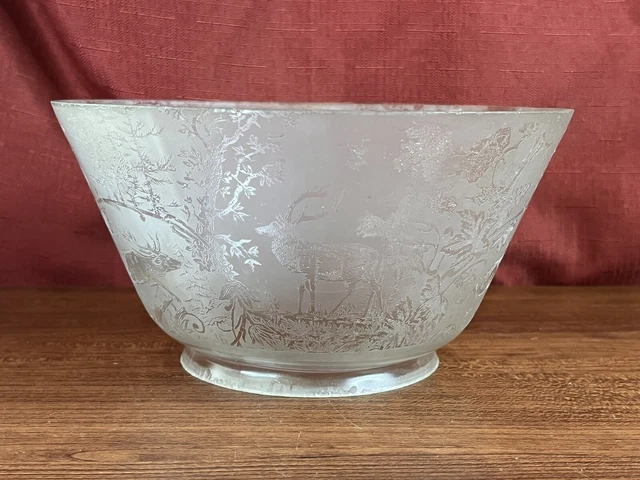 Single Antique Victorian Etched Glass Gas Lamp Shade 4” Fitter Deer Design