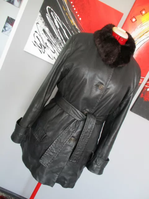 VINTAGE VERSACE, black genuine leather JACKET Coat with belt - REAL fur collar