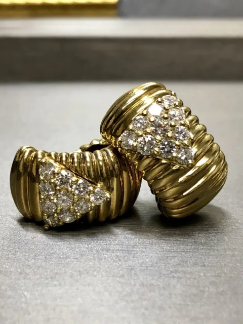 Vintage Jose Hess Diamond Scalloped Huggie Earrings Omega Backs 2.40cttw G Vs
