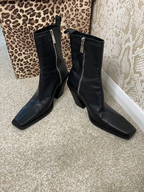 ZARA 39 6 Black Leather Square Toe Cowboy Style Ankle Boots Silver