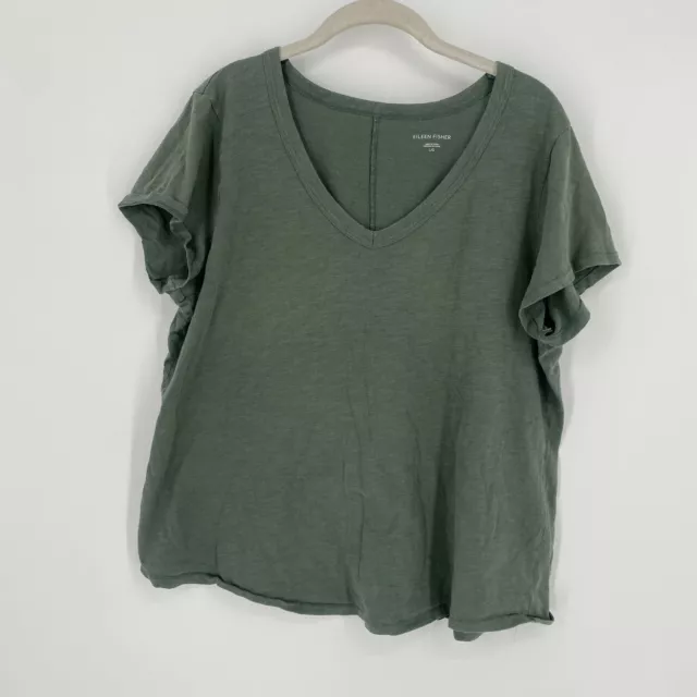 Eileen Fisher Shirt Women’s large L green organic cotton top blouse spring work