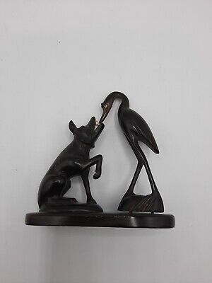 Vtg Hand Carved Black Ebony Wood Crane Feeding Wolf  Sculpture Figurine Stork