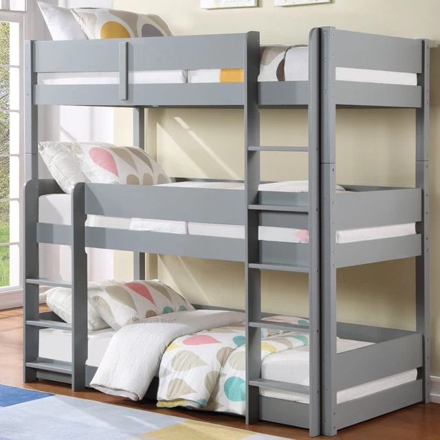 GREY SLEEPLAND 3 Bed Bunk Beds - Single Wooden Triple Sleeper - 3 Tiers ...