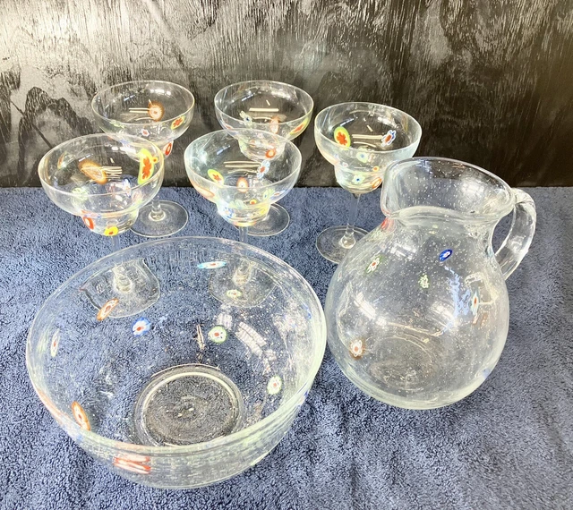 Set Of 7 Millefiori Hand Blown Glass Bubbles ~Pitcher, Bowl, & Margarita Glasses