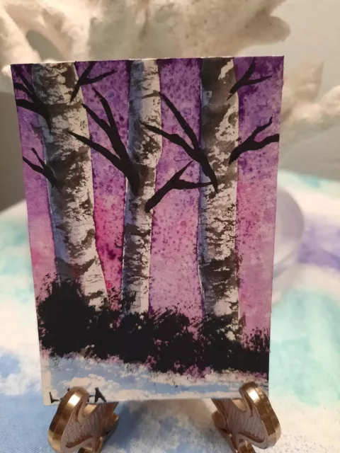 Watercolor ACEO Original Mini Painting 2.5x3.5 Abstract Sky Birch Trees