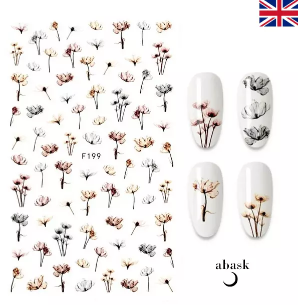 Floral Nail Art Stickers Transfers Decals Spring Flowers Yellow Blue Pink Nails