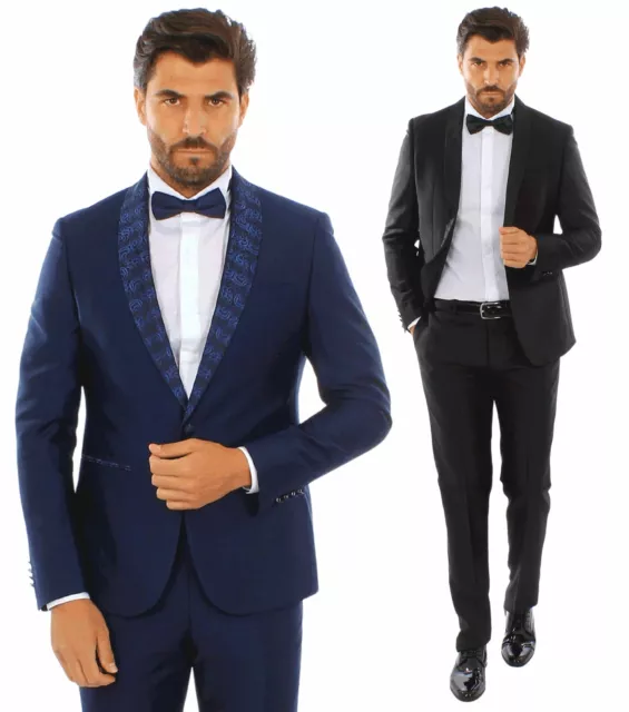 Abito Uomo Smoking Damascato Slim Fit Vestito Elegante Cerimonia Matrimonio