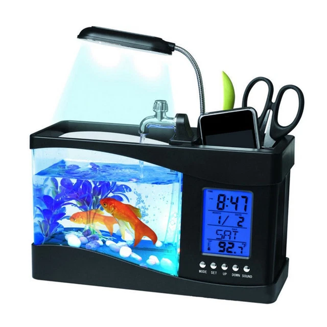 USB Desktop Mini Aquarium Fish Tank Betta Aquarium with LED Light LCD Display