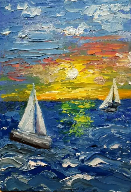 Oil painting 4x6".Sailboat.Sea.Landscape.For decor or gift.Impasto.Mini-art.