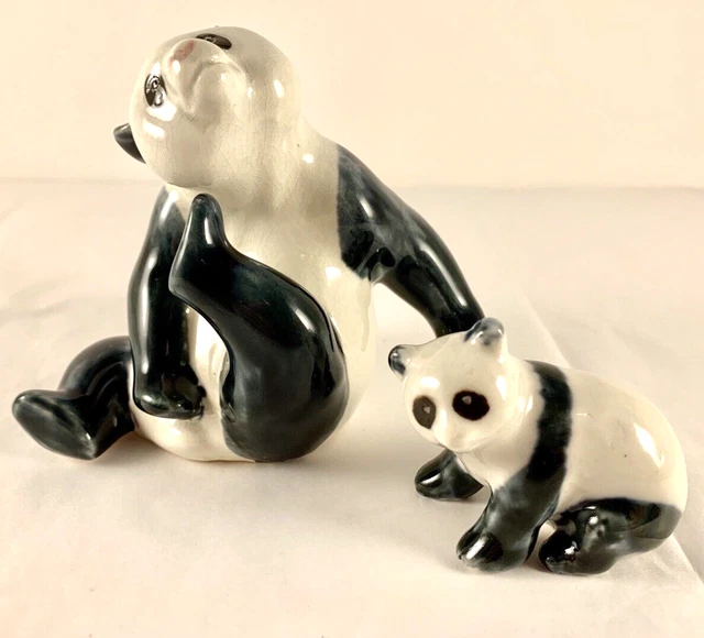 Vintage Set of 2 Porcelain of Ceramic Panda Bears Hand Painted Mom and Cub