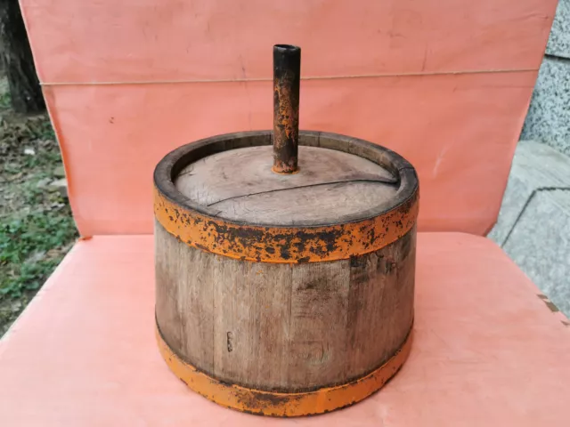 Antique Primitive Old Big Massive Wooden  Funnel For Wine With Metal Band