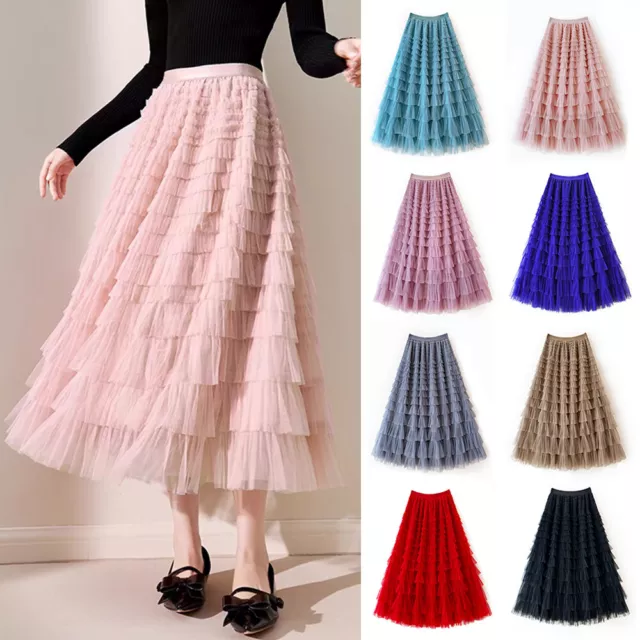 Womens Elastic High Waist Mesh Tulle Tutu Skirt Layered Pleated Maxi Long Dress