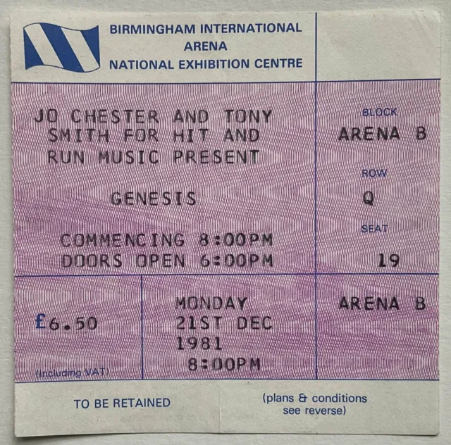Genesis Original Used Concert Ticket NEC Birmingham 21st Dec 1981