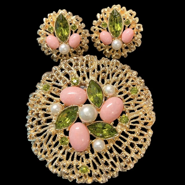 VTG Brooch Pin Clip-On Earrings Set Sarah Coventry Fashion Splendor 1970 MINT