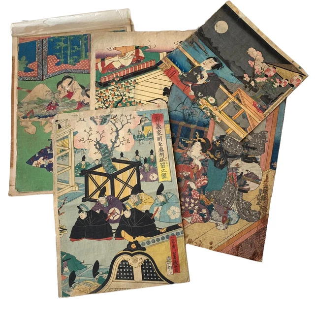 Antique Japanese Ukiyo-e Woodblock 5 Prints Lot Yoshimori Toyokuni Kunisada