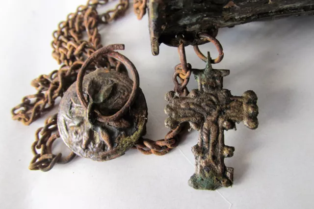 Ancient Antique Hanging bronze Orthodox Lamp Byzantine with chain and cross 2