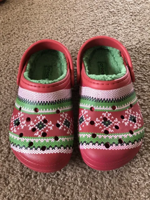 Crocs red fuzzy Lined Ugly Sweater Holiday Clogs Kids Size 12 Christmas