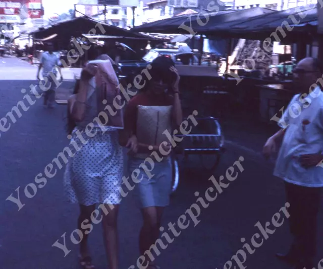 Sl68 Original slide 1960's China Young ladies covering face downtown 639a