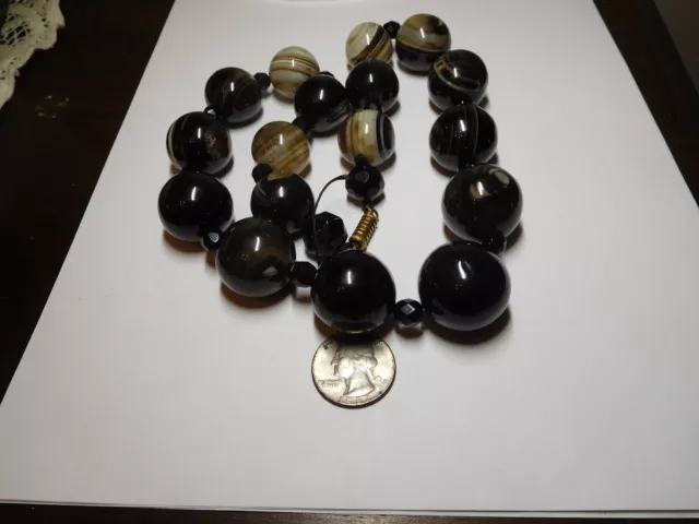 Victorian Antique 22 inch HUGE Bull Eye Banded Agate Quartz Bead Strand Necklace