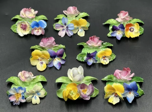 SET (8) Crown Staffordshire Floral Place Card Holders Bone China Flowers Vintage