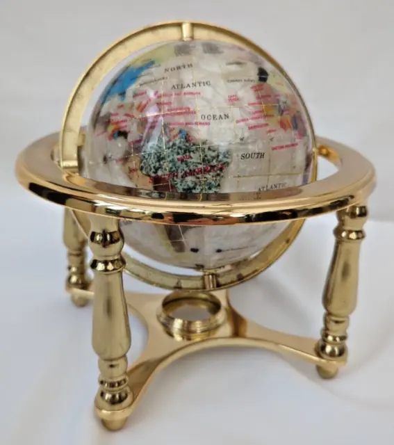 Unique Art Table Top Pearl Swirl Ocean Semi Precious Gemstone World Globe 10”