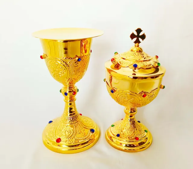 Chalice paten & Ciborium Set Brass Gold plated Holy Communion Church Gift USNX59