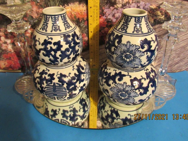 Rare Three Hands Corp Large 10" Pair Asian Vases. Hypo/ Blue Relief Paint Signed