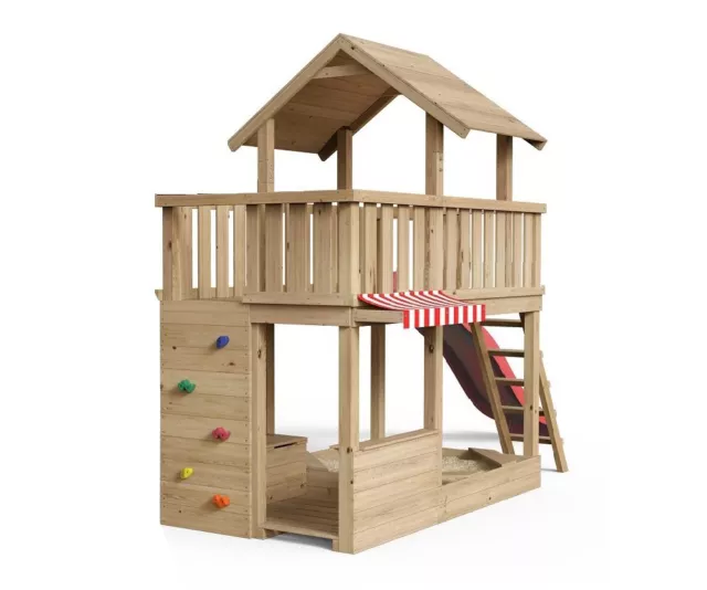 Spielturm Mia – Spielwelt – 263 - natürlich Lärchenholz mit roter Rutsche