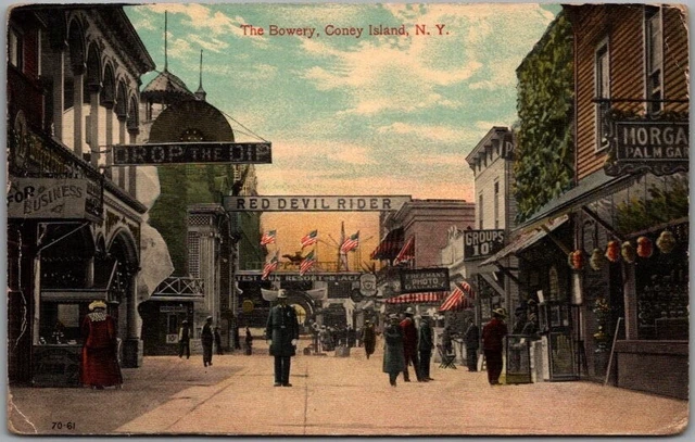 Vintage 1910s CONEY ISLAND New York Postcard "The Bowery" Street Scene Unused