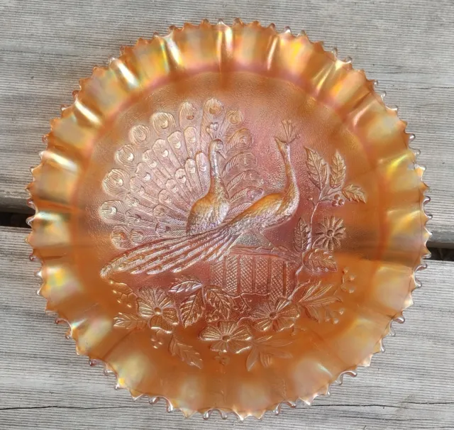 Marigold Carnival Glass Peacocks On A Fence Ruffled Edge Bowl Vintage