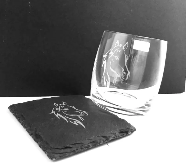 Horse Head Crystal Whisky Glass Tumbler & Square Rustic Slate Coaster Gift 350ml