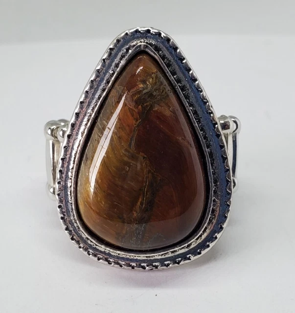 Tigers Eye Teardrop Elastic Silver Tone Statement Ring
