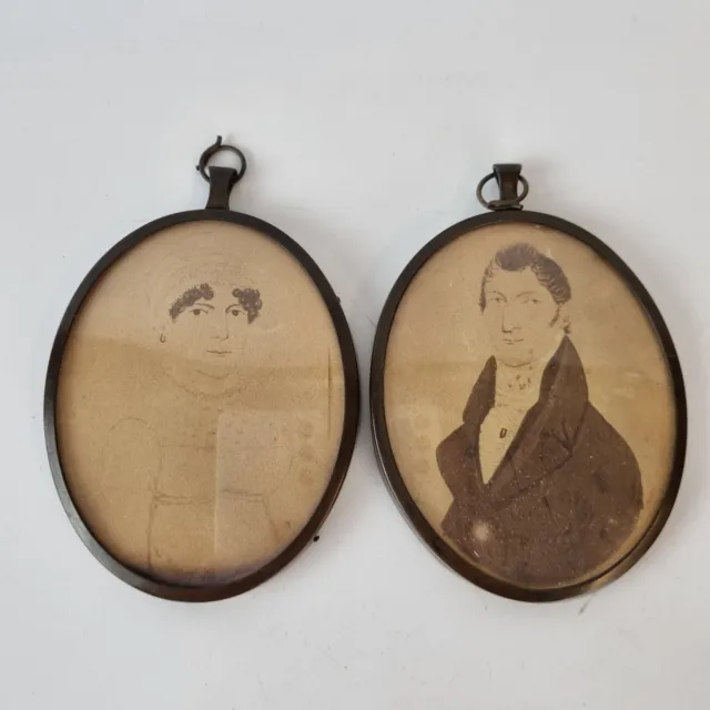 Antique 19th Century Pair Of Portrait Miniatures Man And Wife