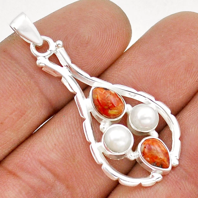 Handcrafted Silver 4.99cts Natural Orange Mojave Turquoise Pearl Pendant U94486